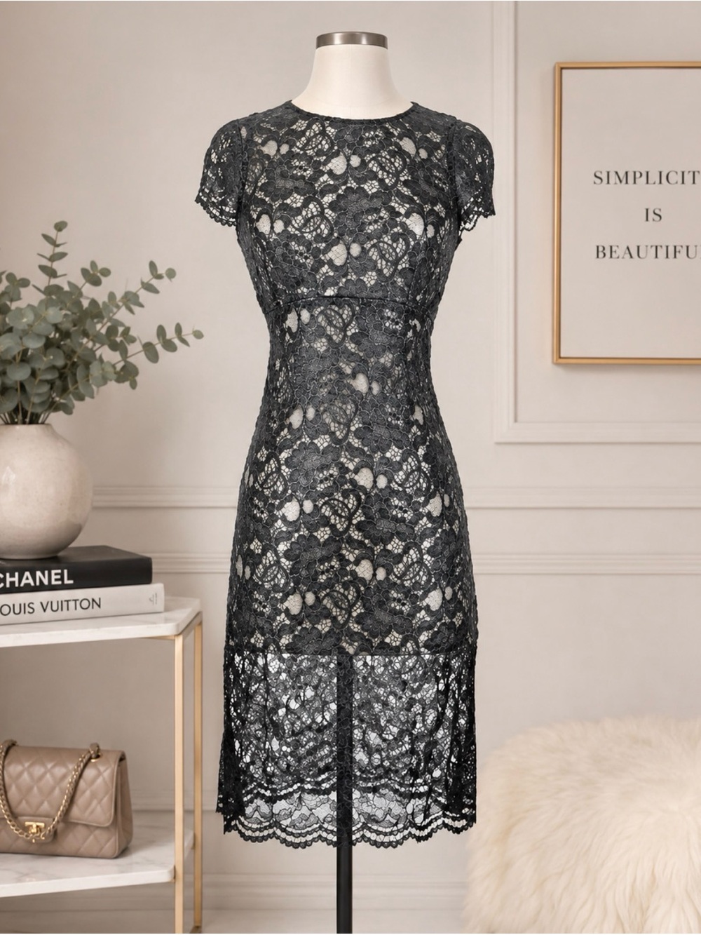 L'AGENCE Charcoal Black Lace Midi Dress 10